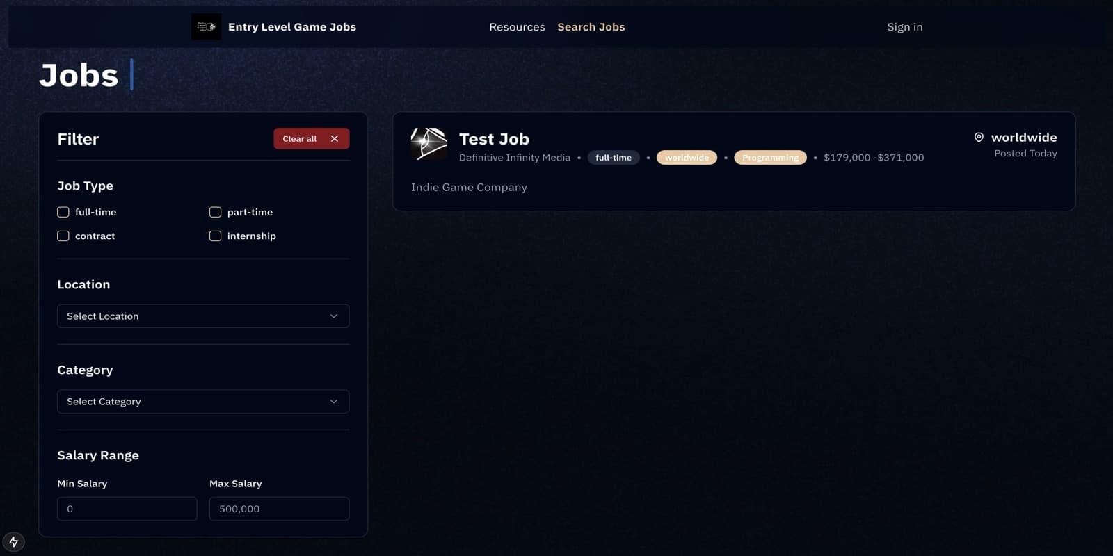 Entry Level Game Jobs app dashboard showing job listings